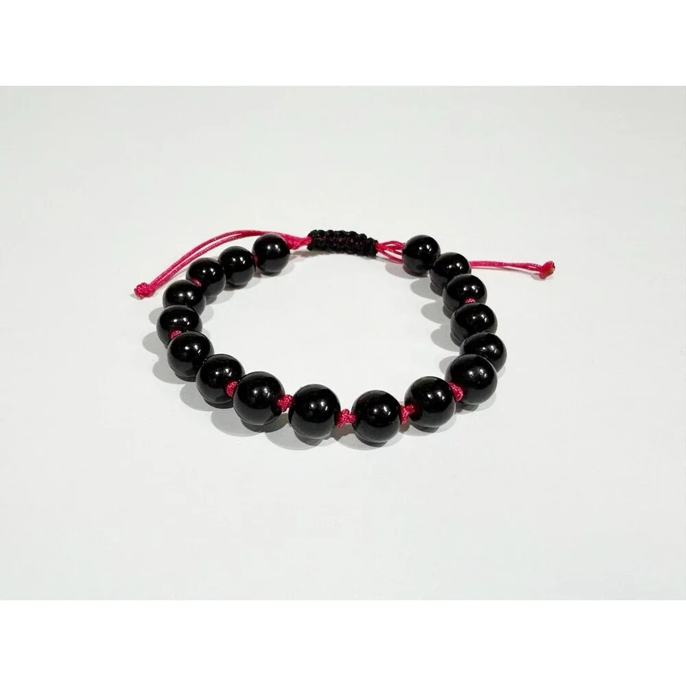 Black Beaded Bracelet Pink Adjustable Handmade Boho - Picture 3 of 9